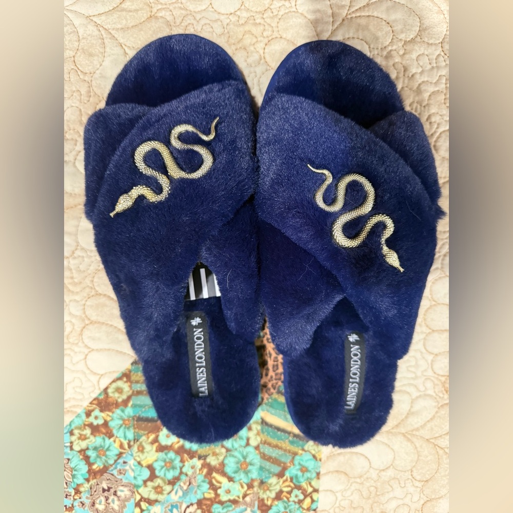 Laines London Navy Blue snake slippers size XL